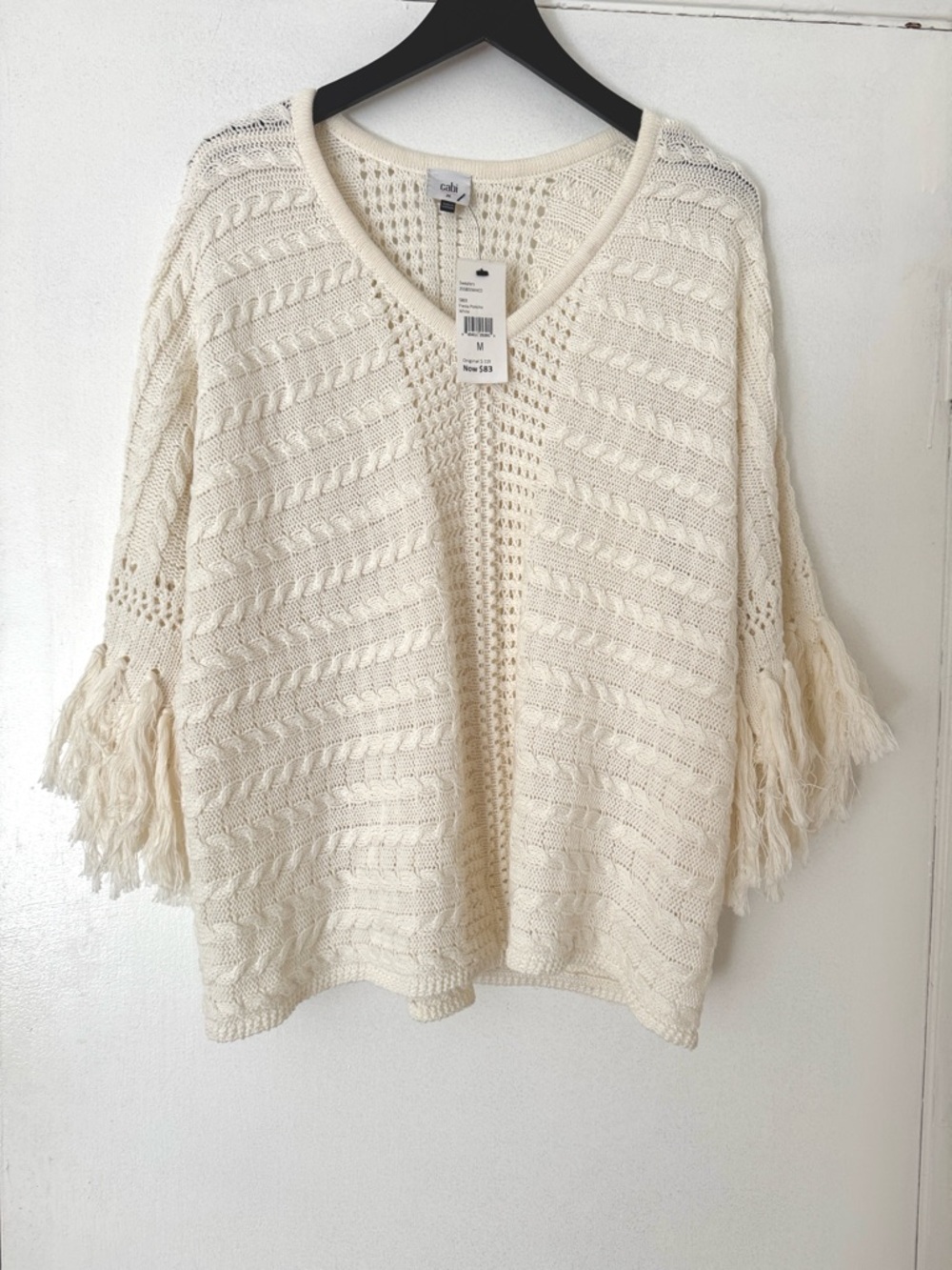 Cabi Cream Open-Weave V-Neck Sweater with Fringe Sleeves